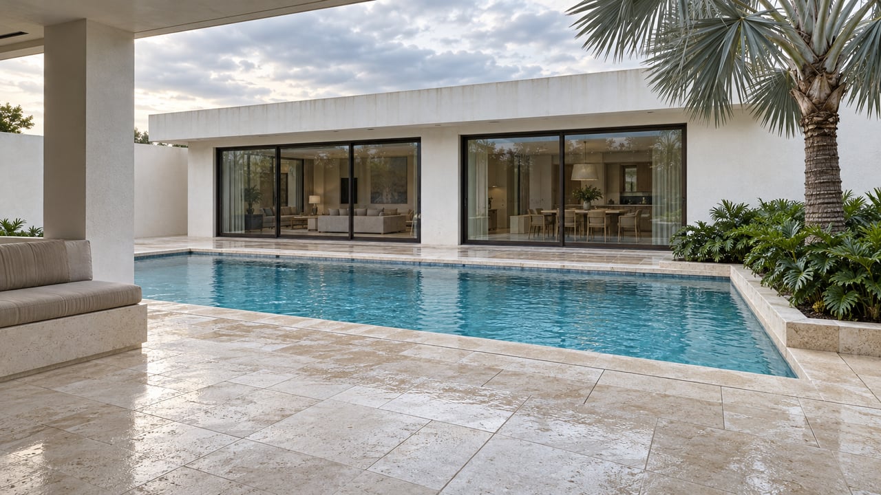 White stucco home and covered limestone terrace overlooking a blue courtyard pool, with a silver fan palm beside closed glass doors.