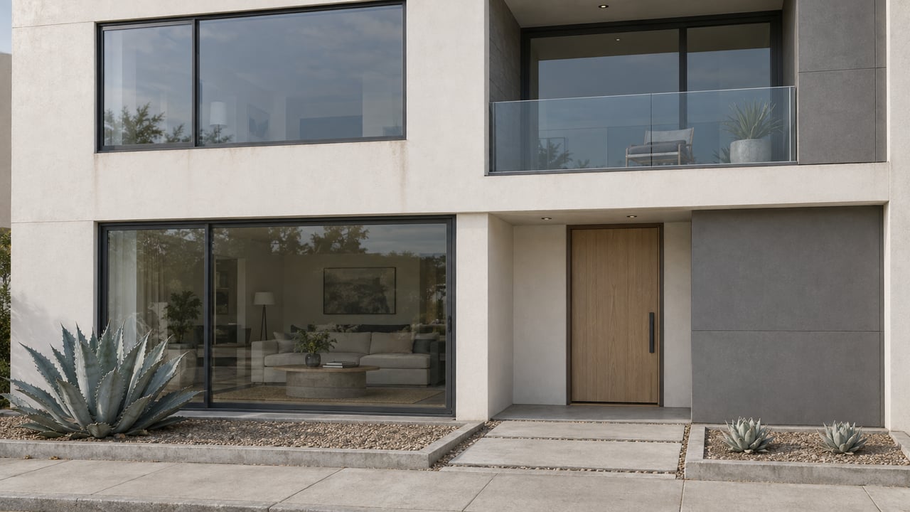 Compact two-story stucco house with a glass-guarded balcony, oak entry door, and sparse agave planting.