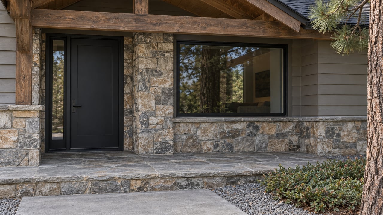 Close view of a timber-roofed home entry with gray lap siding, textured stone, a black door and a sandstone landing beside a pine trunk.