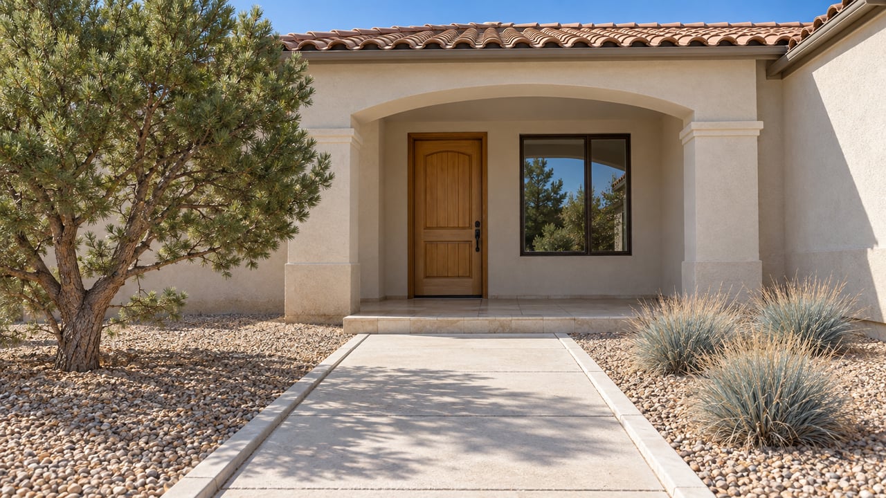Cream stucco home with a broad arched porch, timber entry door and terracotta roof, approached by a concrete walk through gravel, a single-leaf pinyon pine and Idaho fescue.
