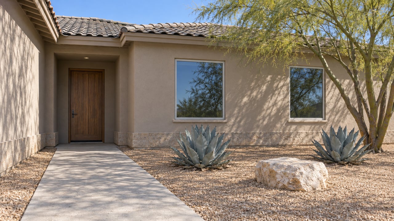 Warm greige stucco home with a recessed wood entry, rectangular windows, a concrete approach and sculptural desert planting.