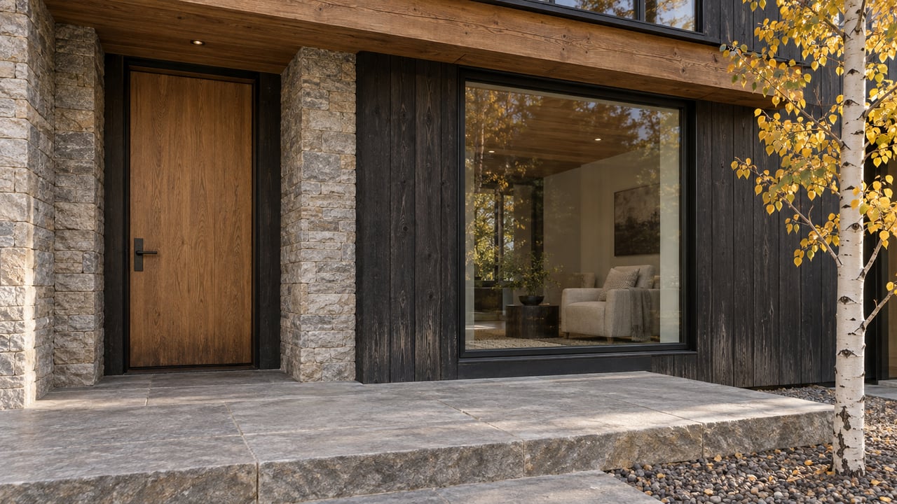 Timber and charcoal-clad residential entry with a stone landing, large window, and a white-trunked aspen with golden leaves.