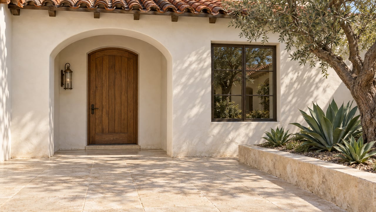 White stucco courtyard entry with an arched oak door, clay roof tiles, limestone paving, and an olive tree above three agave rosettes.
