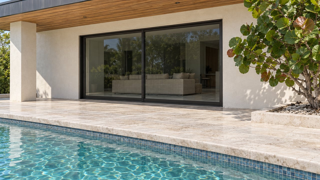 Pale stone pool terrace beside an ivory stucco home with timber soffits, bronze-framed glass doors and a sculptural sea grape tree.