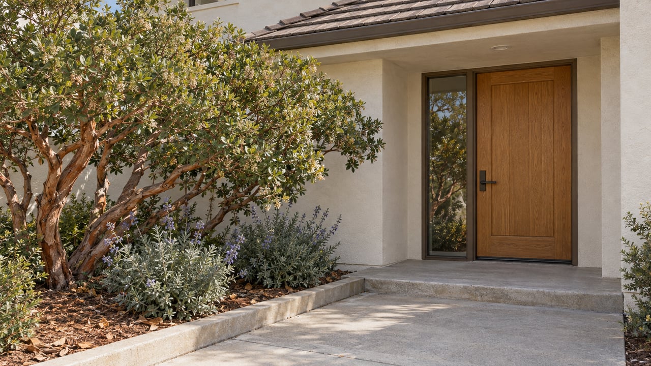 Cream stucco home entrance with an oak door, bronze-framed sidelight and sculptural manzanita beside a clean concrete approach.