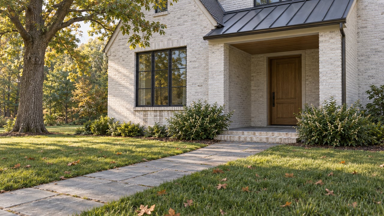 White-brick house entry with a recessed oak door, bluestone path, broad lawn, and spreading oak.