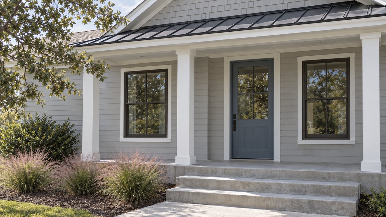 Coastal house entry with a muted blue-gray door, concrete steps, and grasses beside the porch.