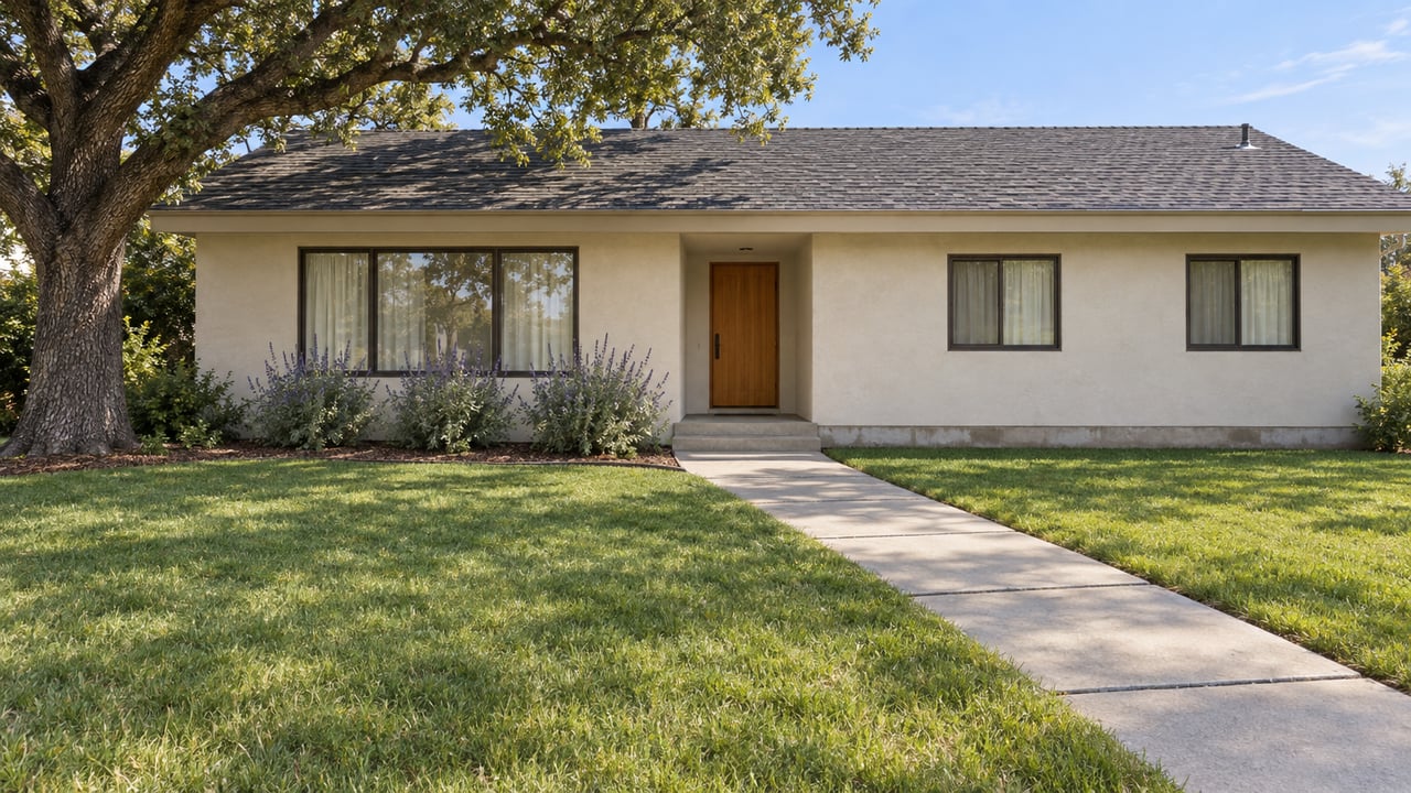 A renovated single-story stucco home with a broad front lawn, shaded oak tree, and concrete entry path.