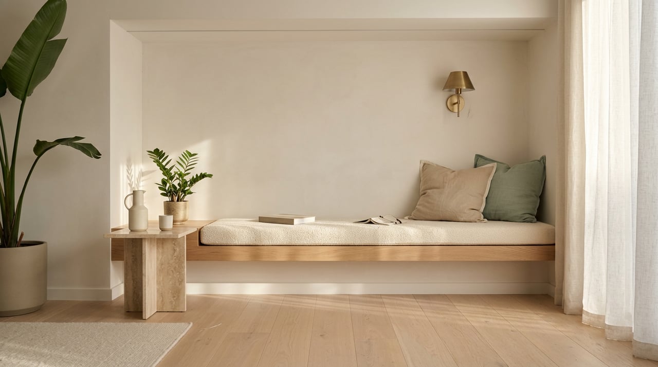 Reading alcove with oak bench, cream cushions, travertine table, and leafy plants in sidelight.