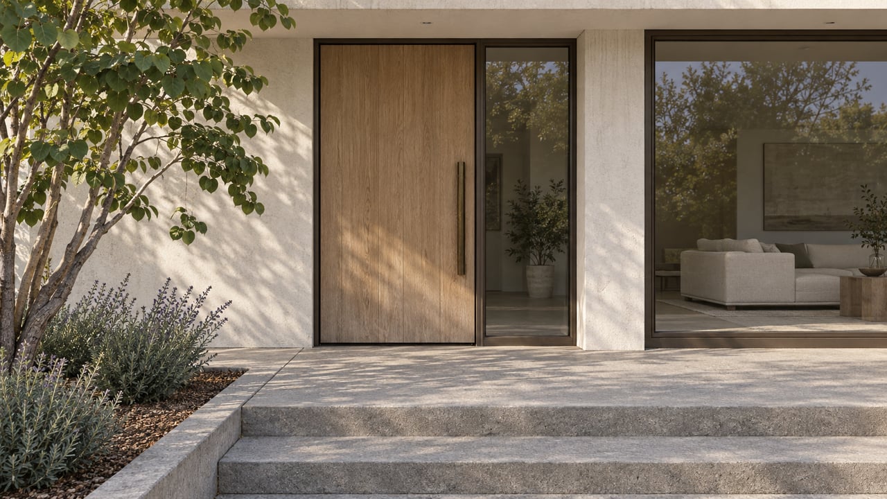 Warm-white contemporary entry with an oak pivot door, bronze-framed glazing, concrete steps and carefully planted sage.