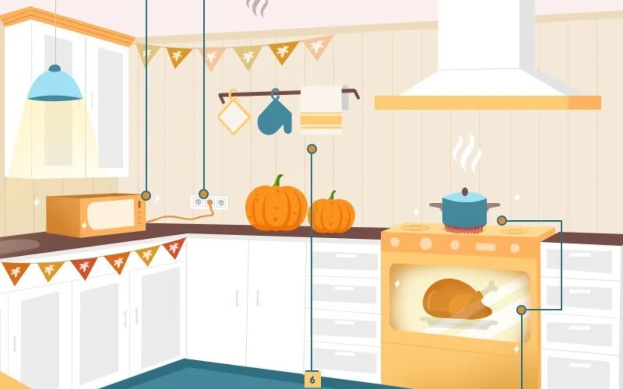 Thanksgiving kitchen safety illustration with a steaming pot, roasting turkey, and numbered callouts.
