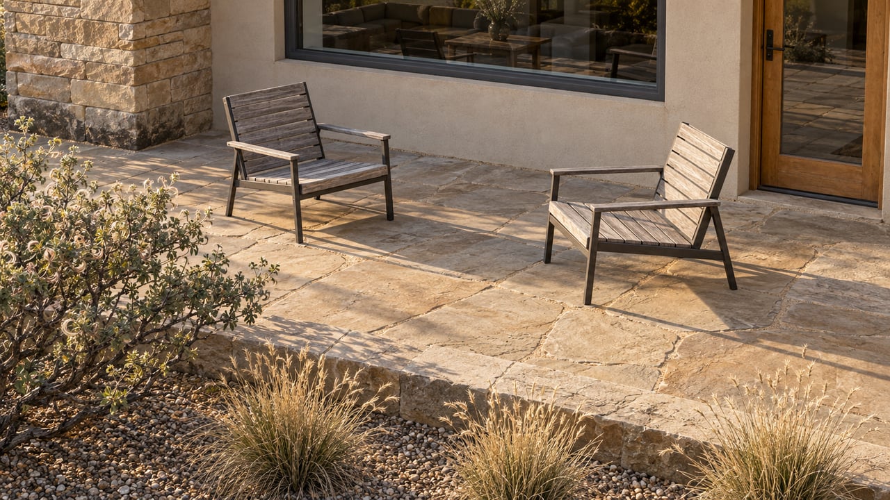 Elevated view of a sandstone terrace with two timber chairs beside a stucco and stone home, edged by mountain mahogany and blue grama.