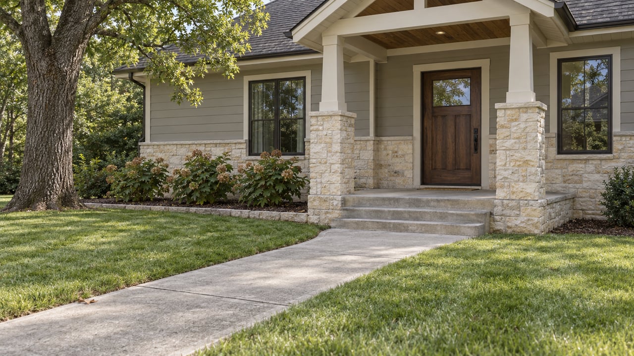 Stone-and-siding home with a gabled entry porch, concrete approach, oak tree and oakleaf hydrangeas beside a broad lawn.