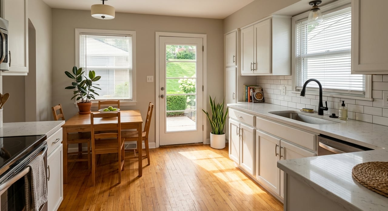 Sunlit kitchen with white cabinets, sink, dining table, and glass back door overlooking a hedge.