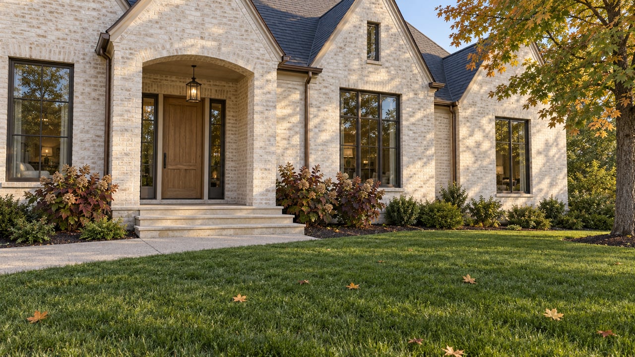 An ivory brick home with a recessed oak entry, limestone steps, broad lawn and a maple beginning to turn amber.