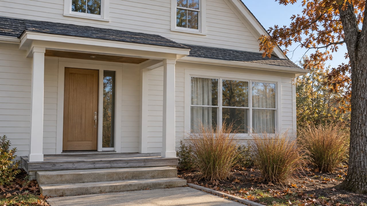 Light-painted cottage entrance with a weathered cedar porch, oak door, autumn black oak and bronze little bluestem.