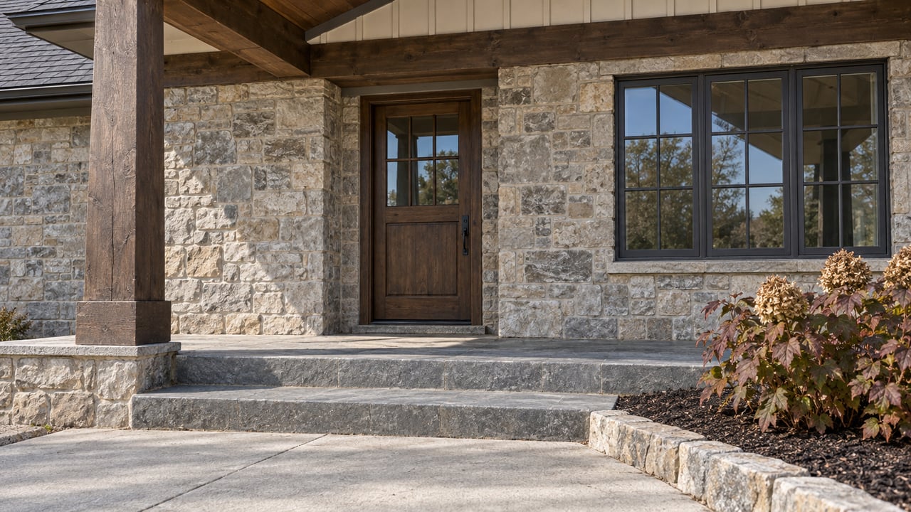 Stone and timber front porch with a closed wood-and-glass door, multi-pane window, bluestone steps and autumn oakleaf hydrangea.