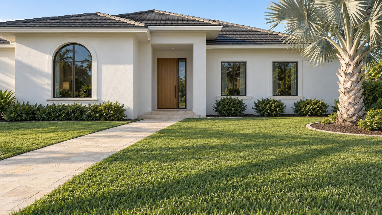 White stucco home with dark tile roof, arched window, limestone approach and silver palm beside a broad sunlit lawn.