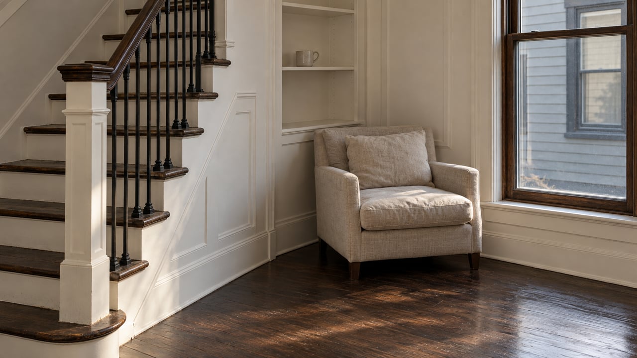 White staircase with dark wood treads beside a tall window overlooking a neighboring house.