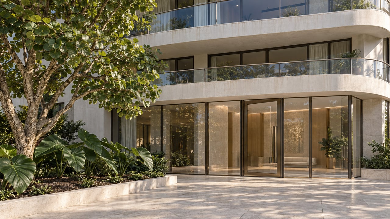 Curved residential balconies above a glazed lobby entrance, with pale stone paving and a sea grape specimen in a raised planting bed.