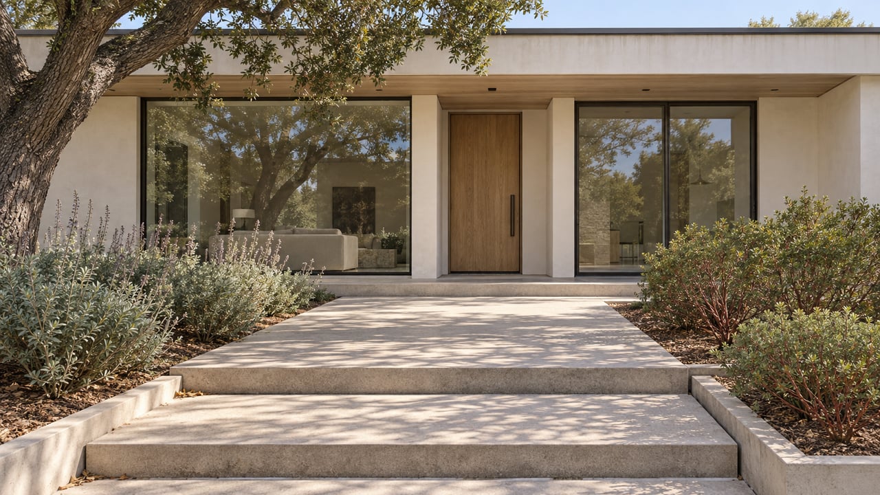 Modern home with warm white stucco, bronze-framed glazing and broad concrete entry steps beside mature oak and native shrubs.