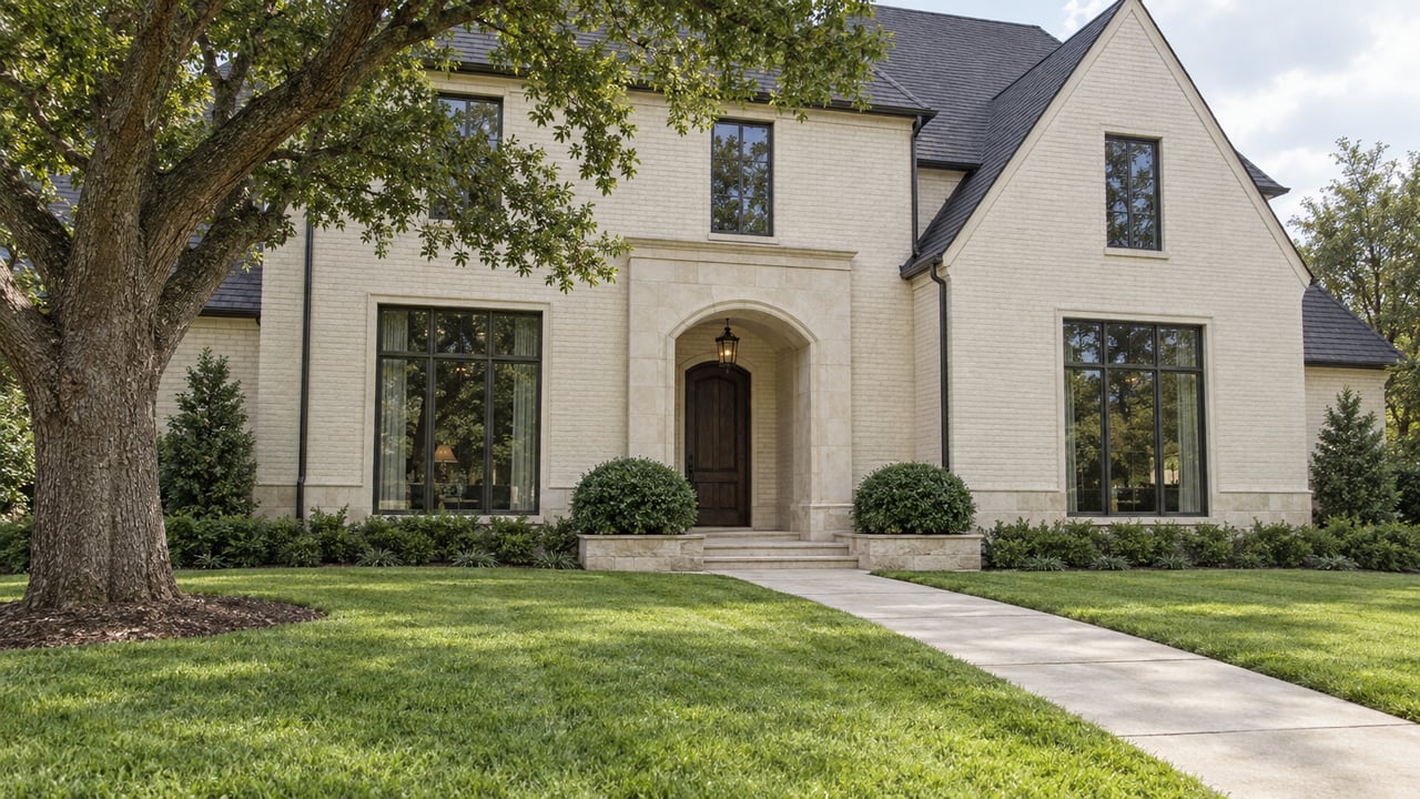 Ivory brick two-story home with a limestone arched entry, tall windows, a broad front lawn, and one mature spreading oak.