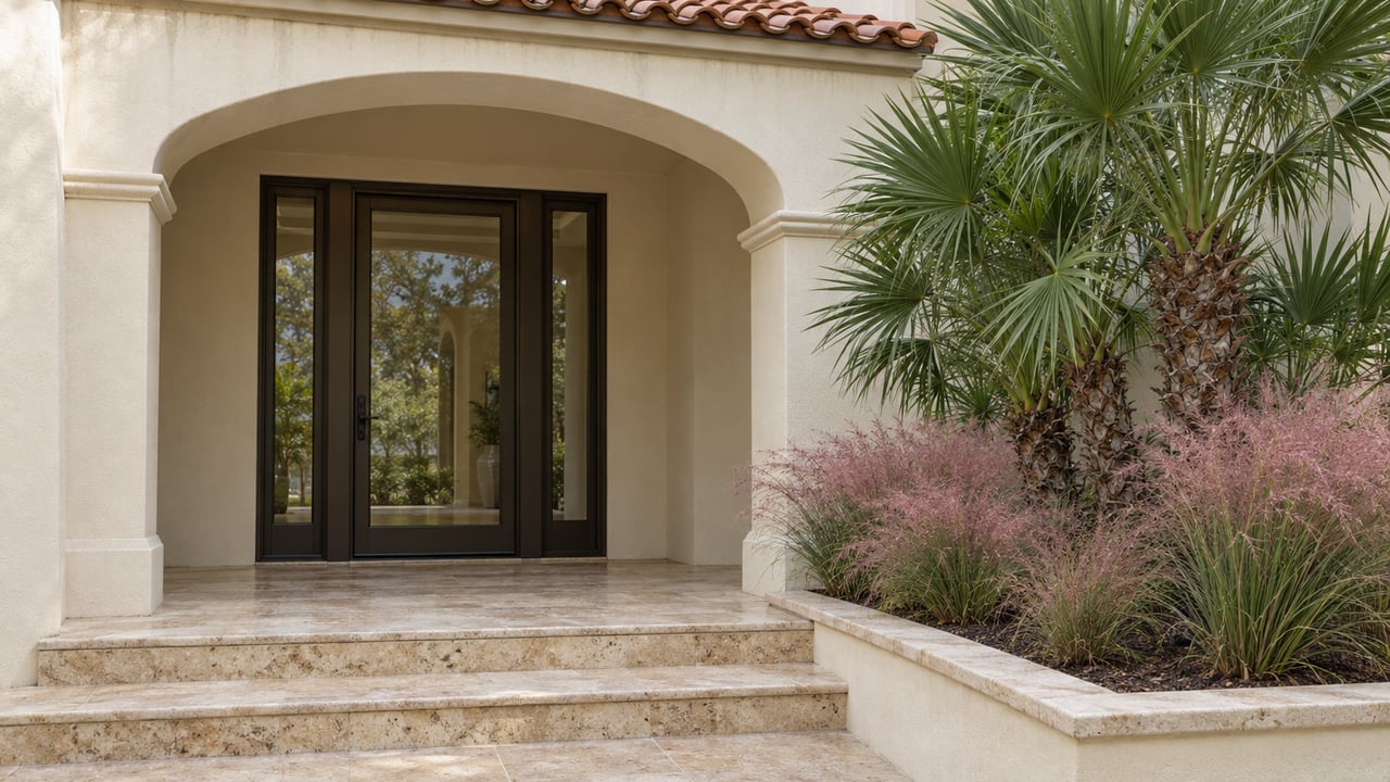 Cream stucco arched entry with bronze-framed glass doors, worn limestone steps, a sculptural saw palmetto and pink muhly grass.