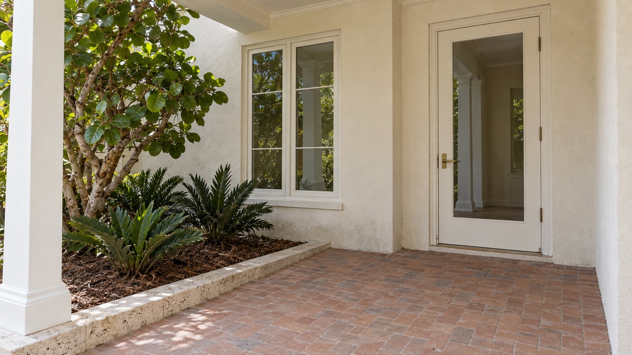 Cream stucco entry with ivory glazed door, warm brick terrace and a sea-grape tree beside a limestone planting curb.