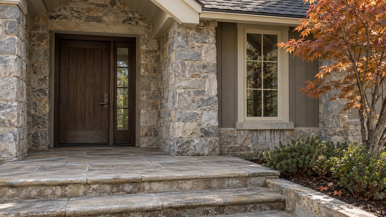 Stone-framed wood entry and tall window above sandstone steps, with copper-colored maple leaves and a contained planting bed.