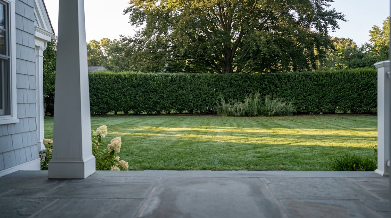 Broad lawn stretches from a bluestone entry threshold to a clipped hedge beneath a spreading beech canopy.