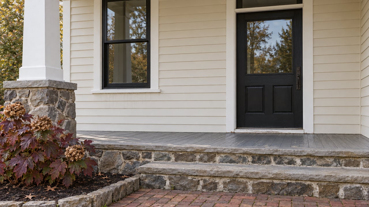 Close view of an ivory clapboard home's black front door, fieldstone porch steps, and burgundy oakleaf hydrangea.