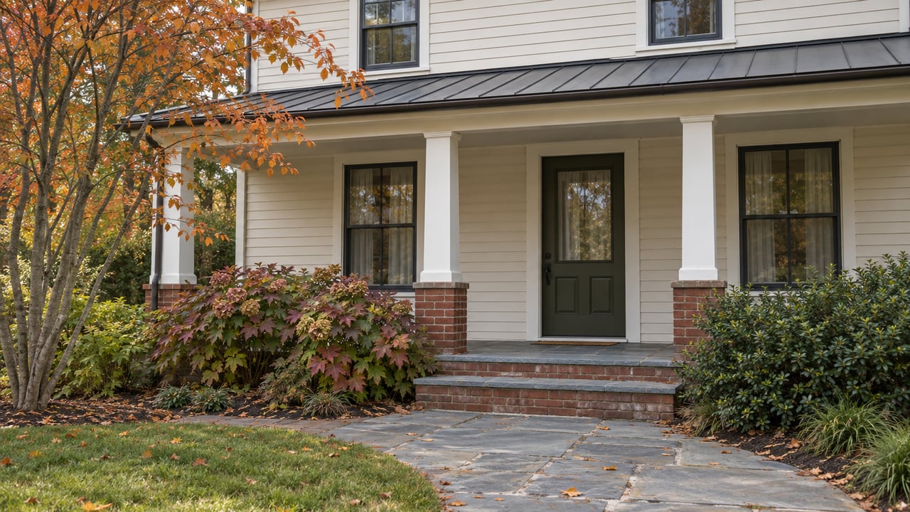 Ivory clapboard house with an olive front door, brick porch steps, bluestone walk, and autumn foliage.