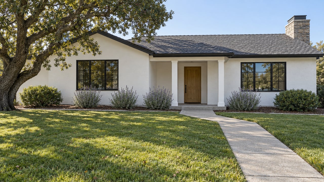 White stucco home with black gridded windows, a stone chimney, broad front lawn and a spreading oak in clear morning light.