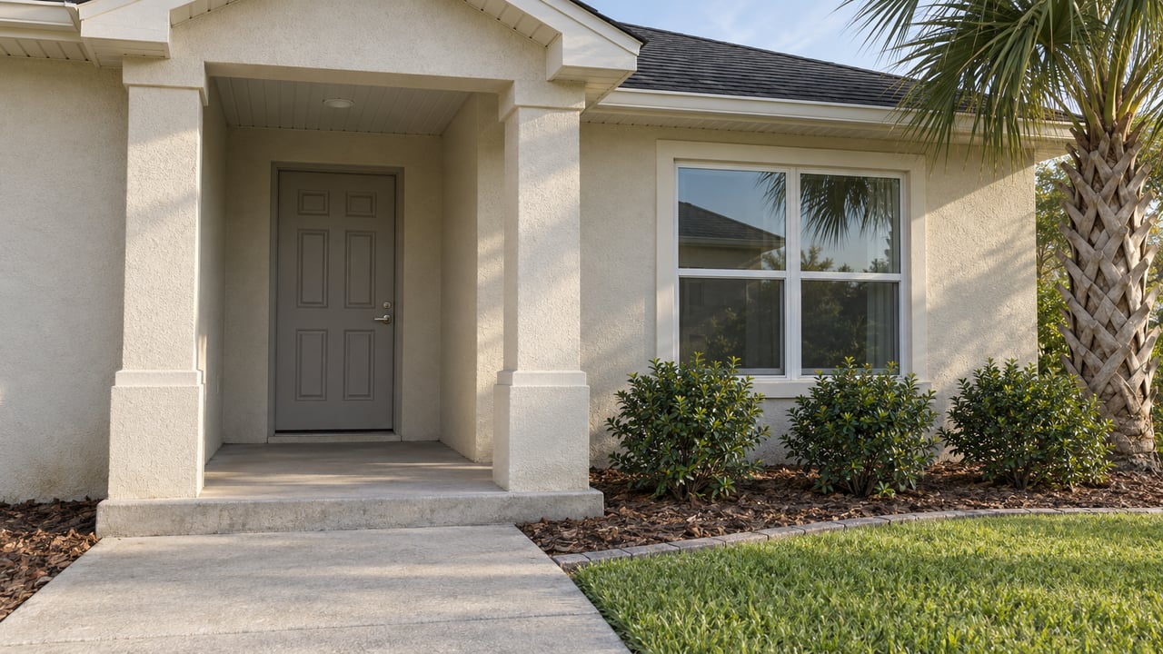 Ivory stucco home entry with a charcoal shingle porch roof, pale gray door, white-framed window and carefully planted curved bed.