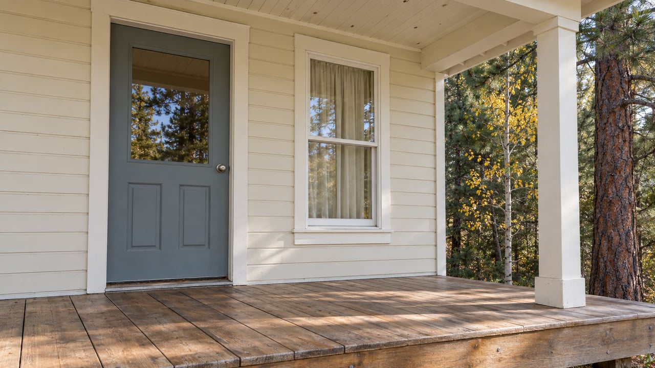 Morning light on a cream wood-sided home's covered porch, gray-blue entry door and tall window, with pine bark and golden aspen leaves beyond the corner.