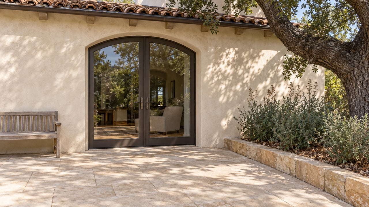 Cream stucco home with arched bronze-framed glass doors, clay roof tiles and a limestone terrace beside a mature oak.
