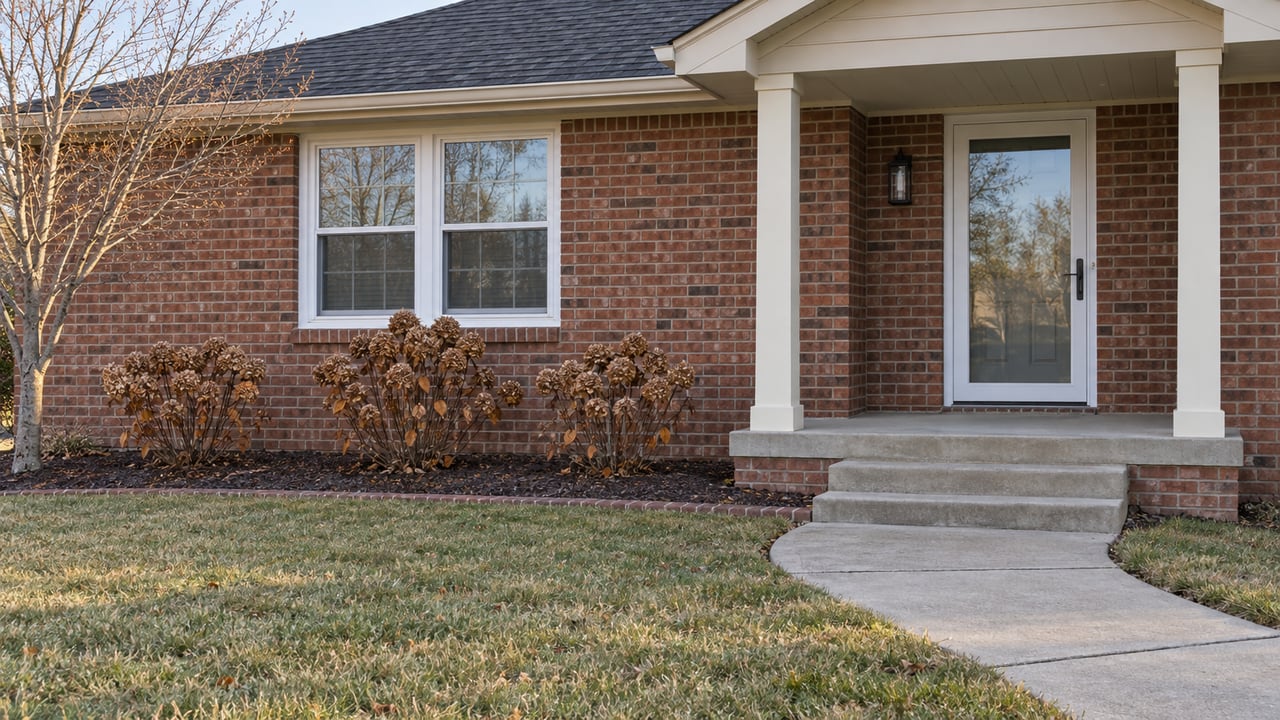 Winter morning light on an updated red-brown brick home with a recessed cream-post porch, curved concrete walk and dormant hydrangeas.