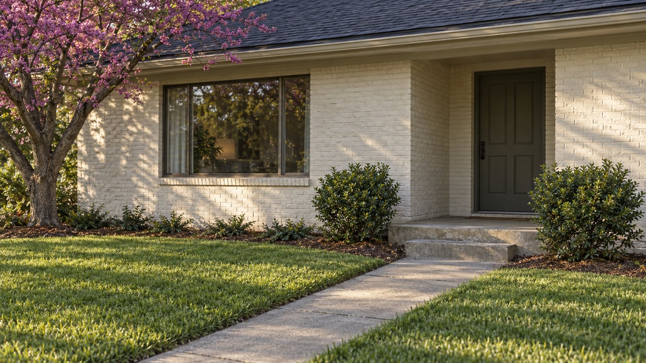 Older ivory-painted brick house with a recessed porch, charcoal roof, and concrete walk through a lawn.