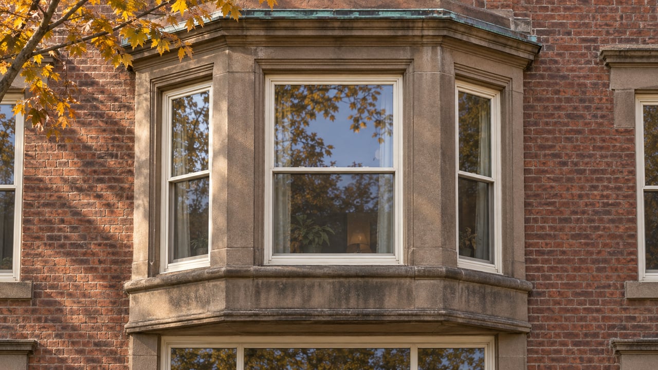 Sunlit sandstone window bay with ivory sash windows, russet brick and amber maple leaves.