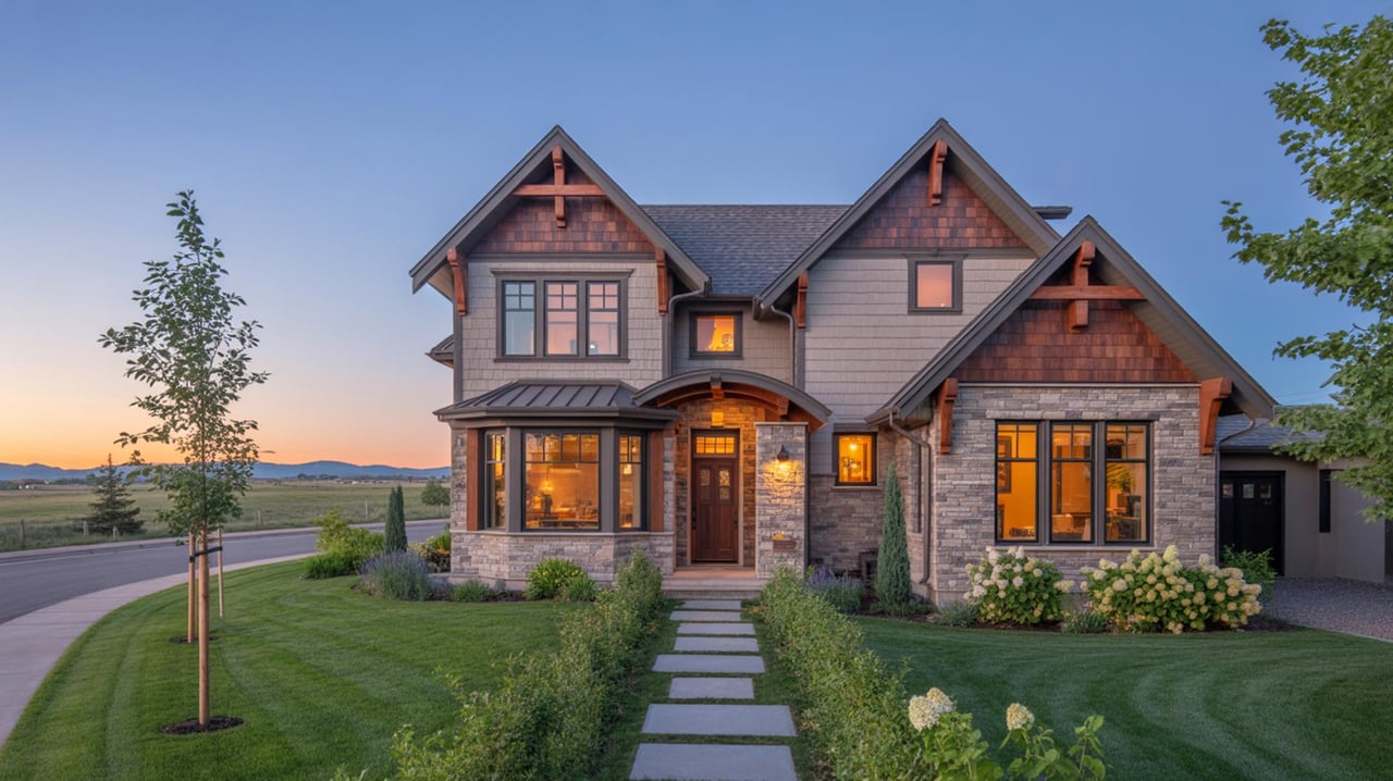Large stone-and-shingle house with three steep gables, glowing windows, and a stepping-stone path through the lawn.