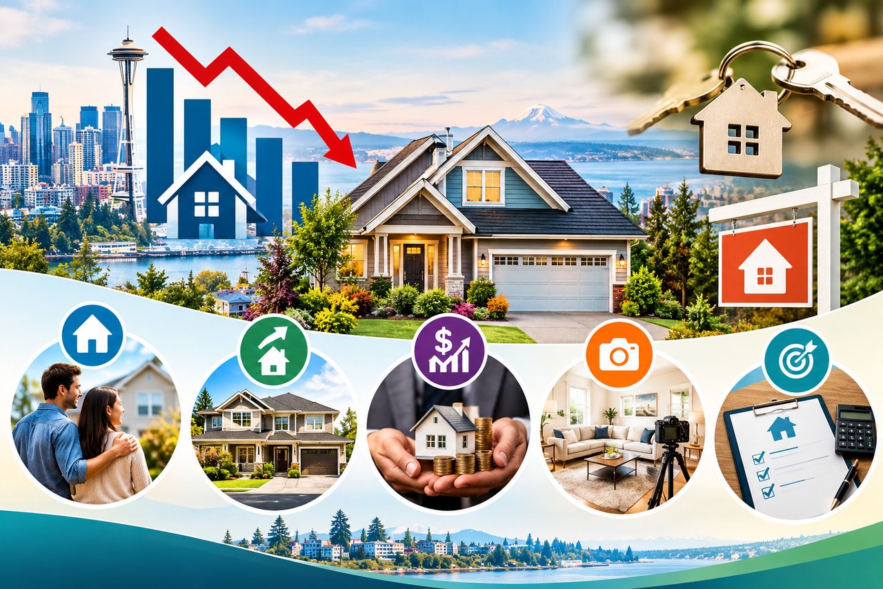 Real estate market infographic with Seattle skyline, a home, declining chart, keys, and real estate service icons.