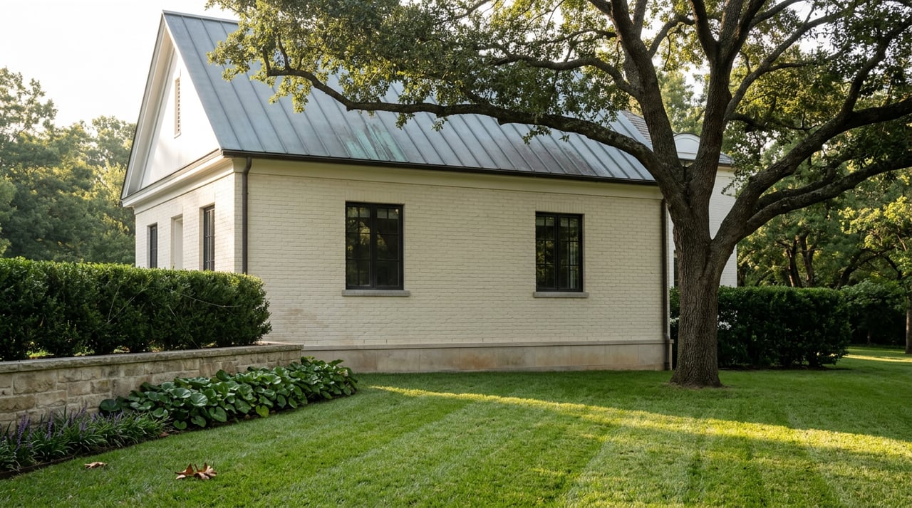 Mature live oak shades an ivory brick house, limestone garden wall, and striped lawn.