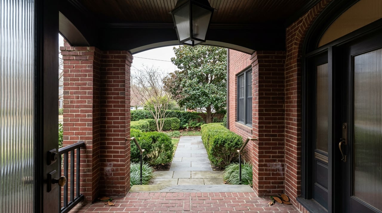 Arched brick porch entrance framing a garden path lined with boxwood, with magnolia and redbud trees beyond.
