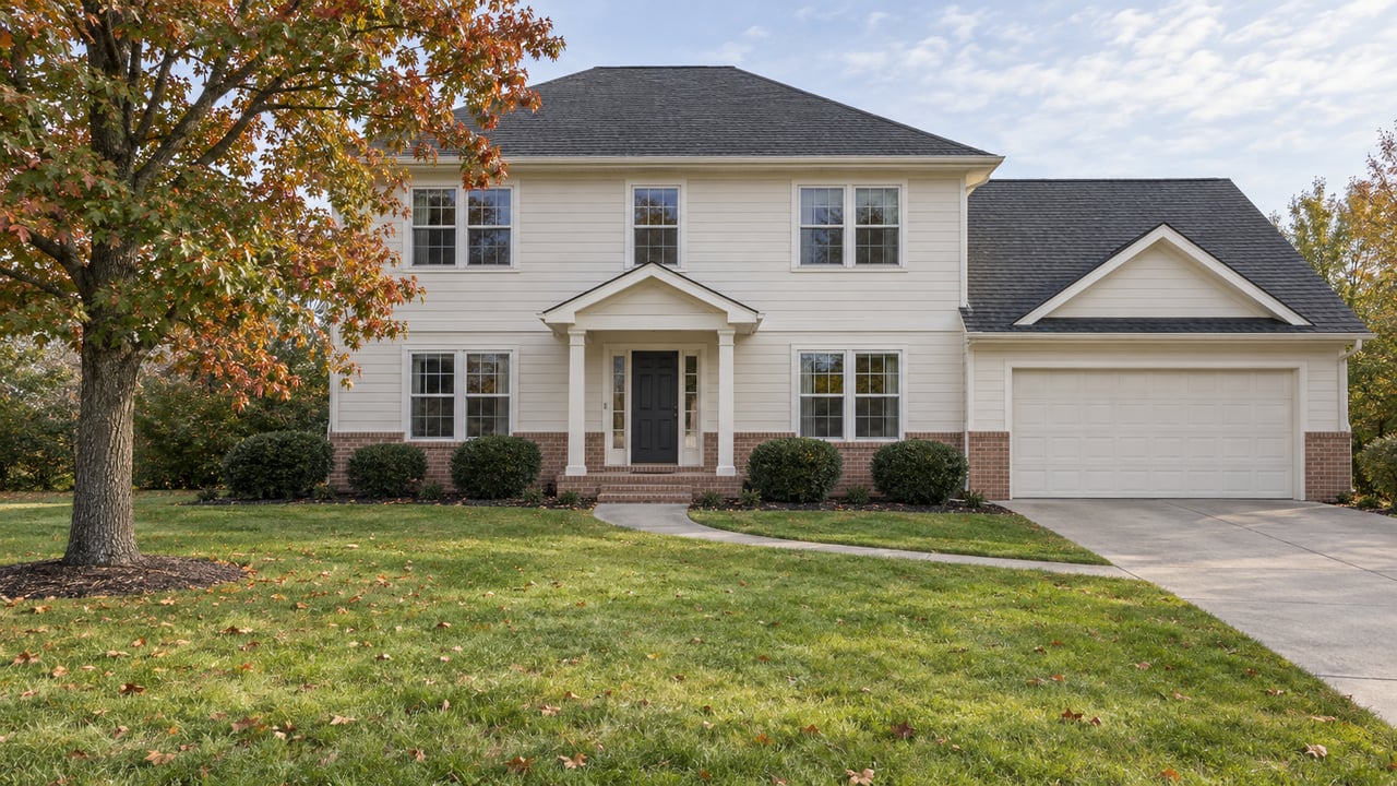 Cream-sided two-story home with warm brick foundation, a broad front lawn and an oak tree beginning to turn russet.