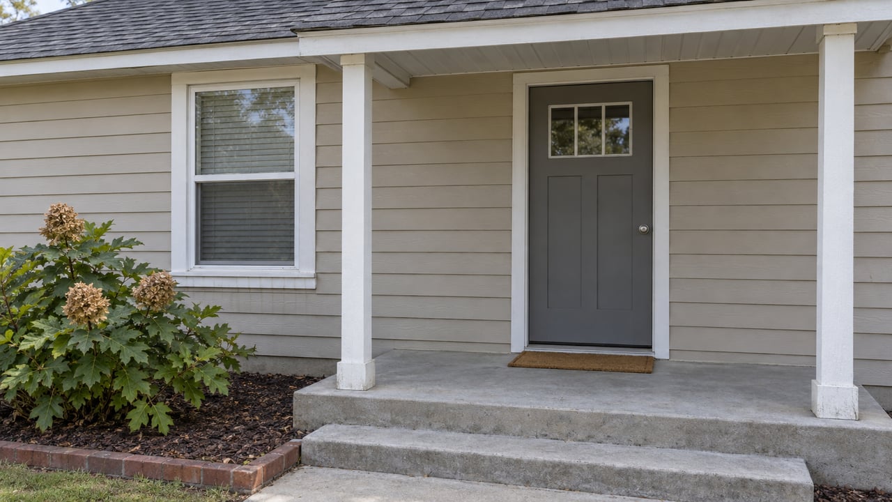 Small covered front porch with beige siding, a gray door, white posts and an oakleaf hydrangea beside a concrete step.