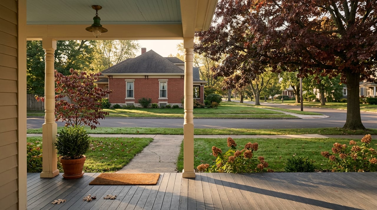 Porch with charcoal floorboards and burgundy oak leaves overlooks a lawn and tree-canopied residential street.