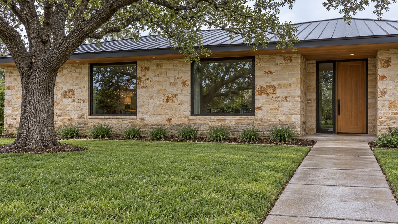 Single-story limestone home with a warm wood entry, deep front lawn, concrete approach and one mature spreading oak.