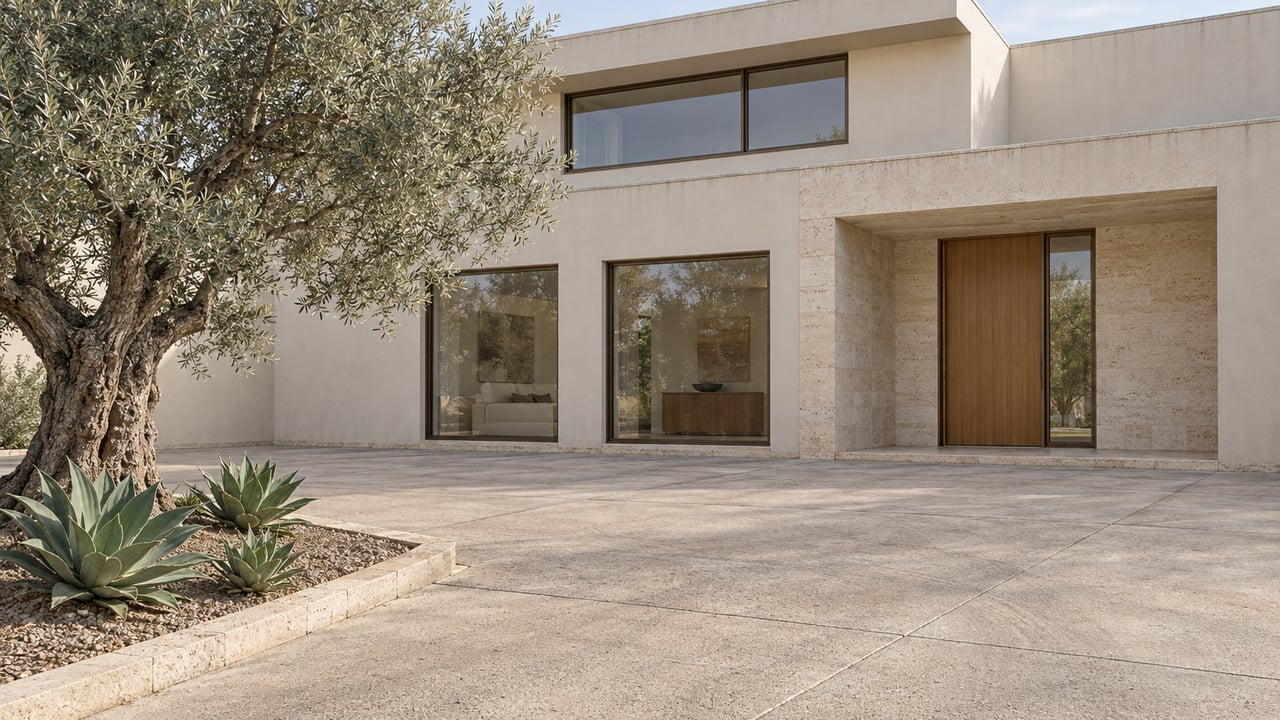 Cream stucco and pale limestone home across a broad paved court, with bronze-framed windows and a mature olive beside the entrance.