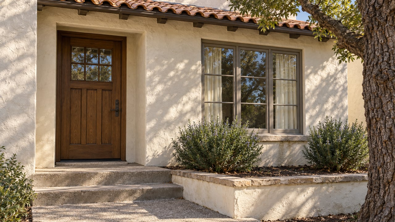 Close view of an ivory stucco home's oak entry door, timber-framed window, terracotta eave, and worn concrete steps beside an oak tree.