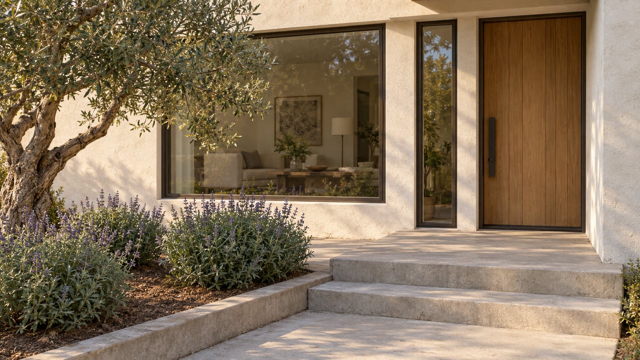 A recessed oak entry door and bronze-framed windows beside an olive tree and salvia planting.